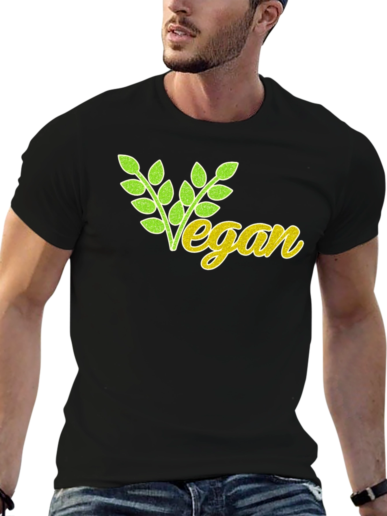 Vegan T-Shirt: Green & Yellow Leaf Design Black Cotton