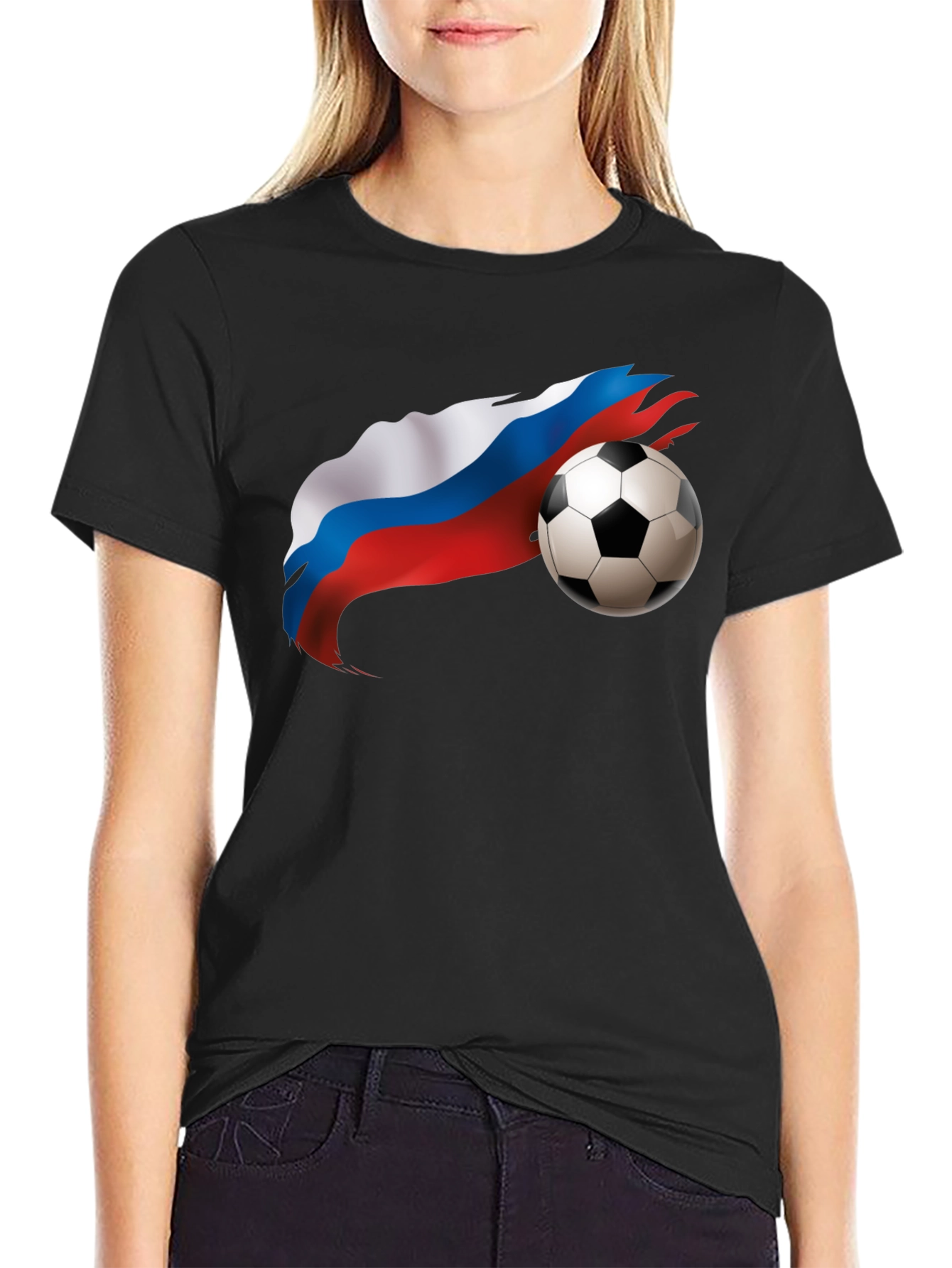 Russian Flag Soccer Ball Graphic Black T-Shirt