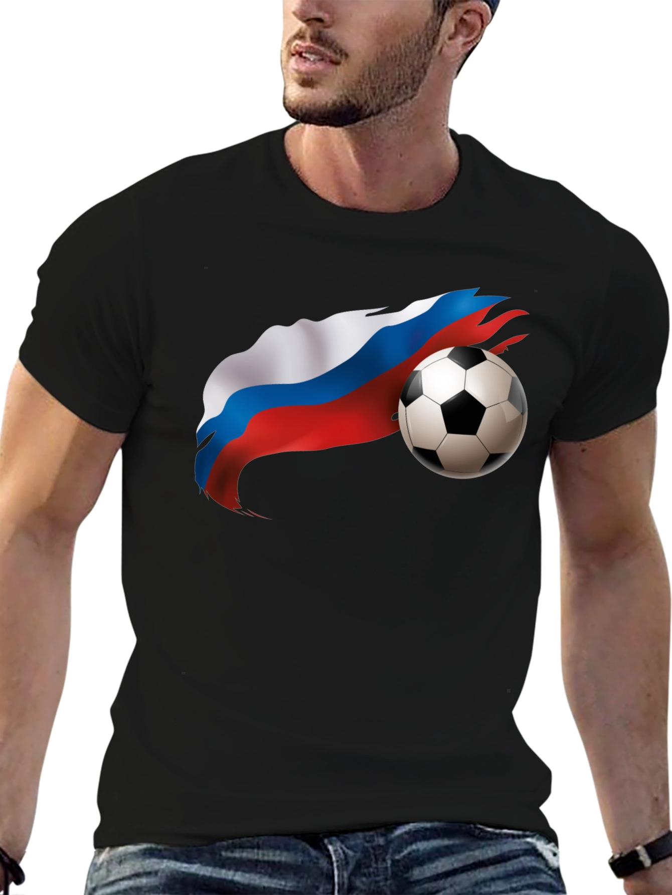 Russian Flag Soccer Ball Graphic Black T-Shirt