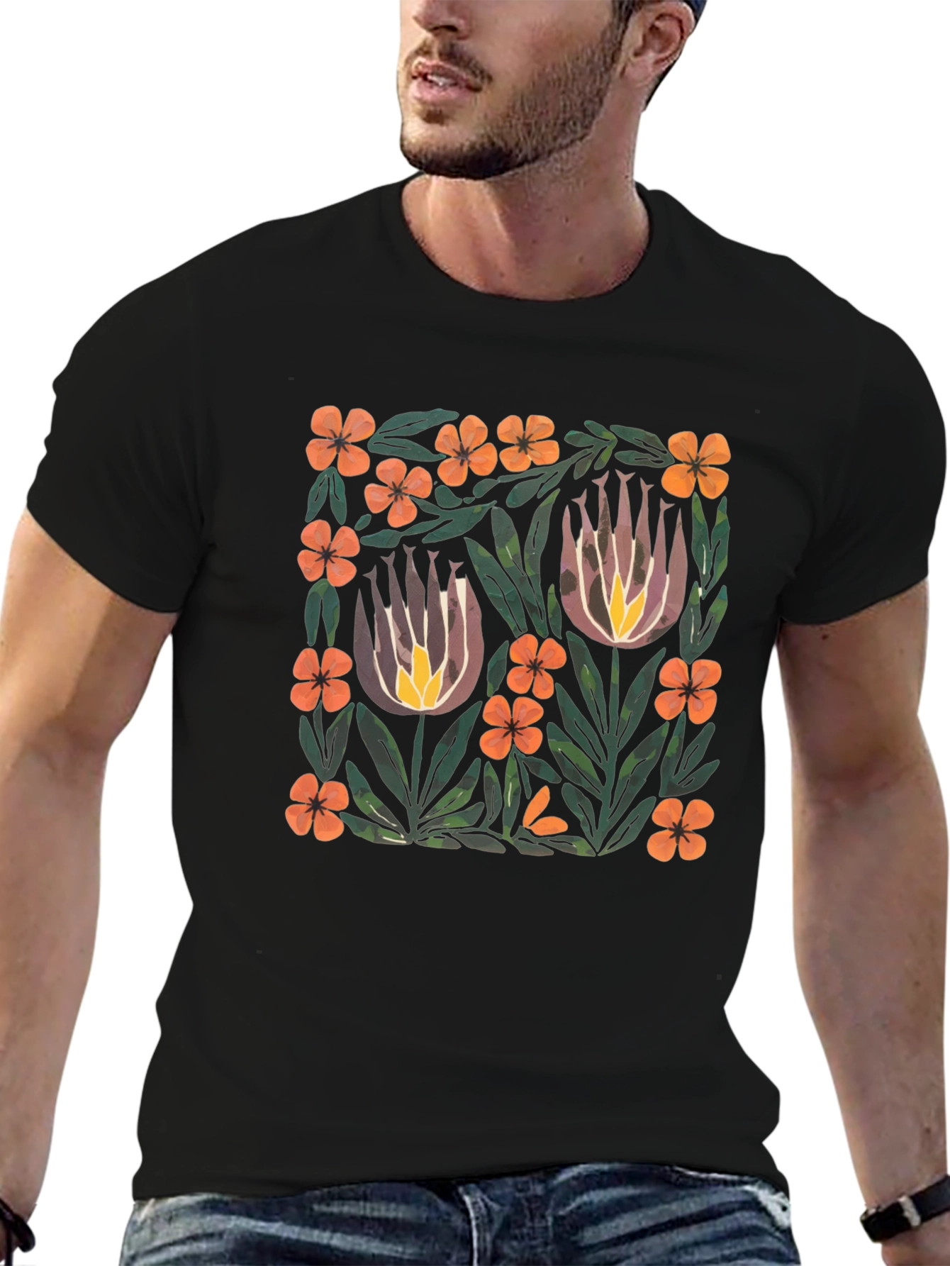 Floral Art Print Black T-Shirt