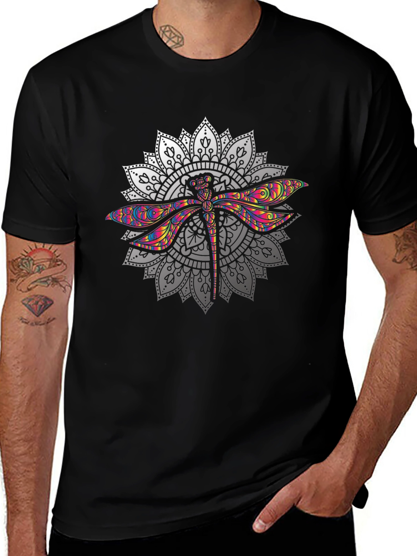 Dragonfly Mandala Graphic T-Shirt - Black