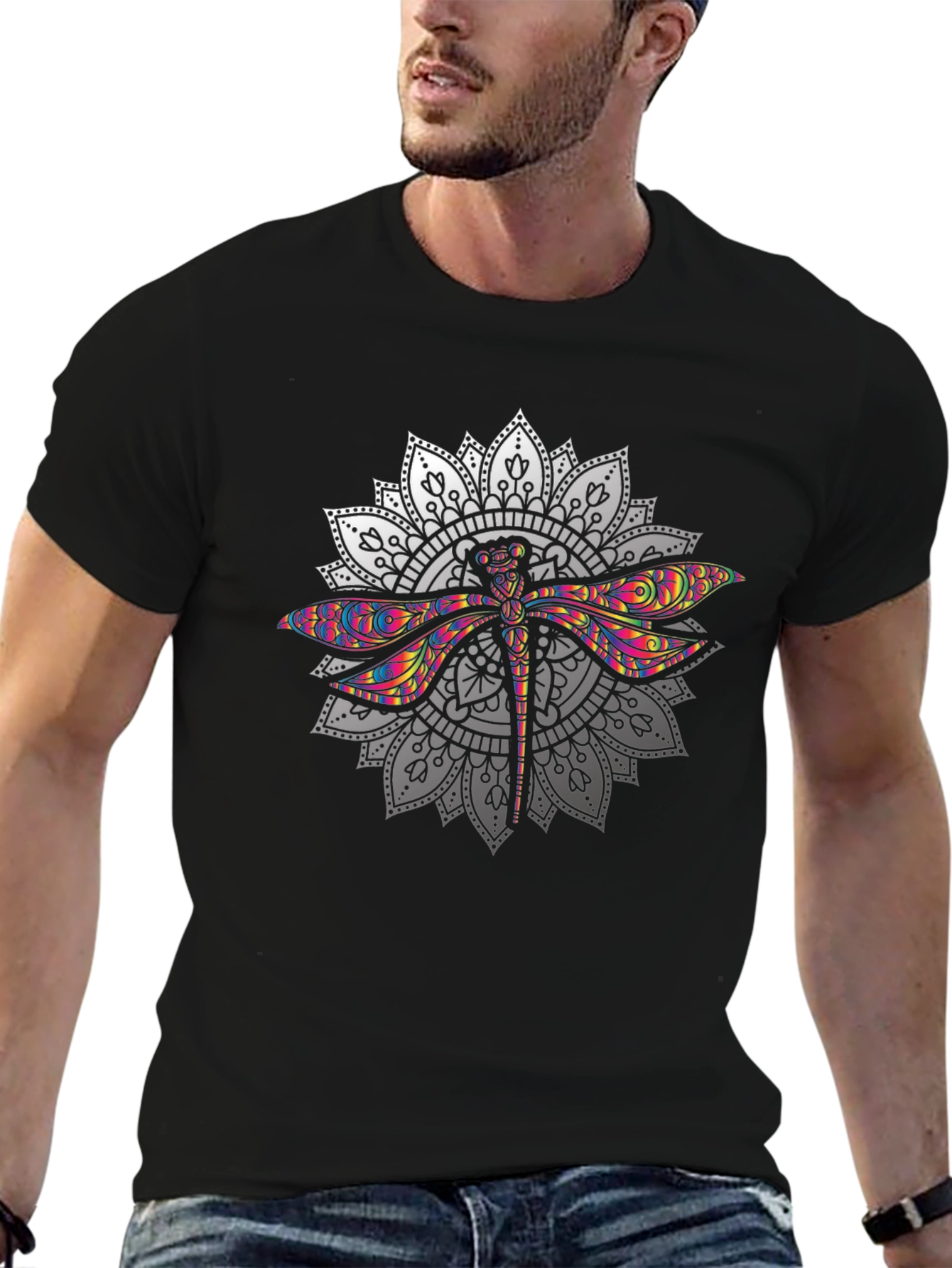 Dragonfly Mandala Graphic T-Shirt - Black