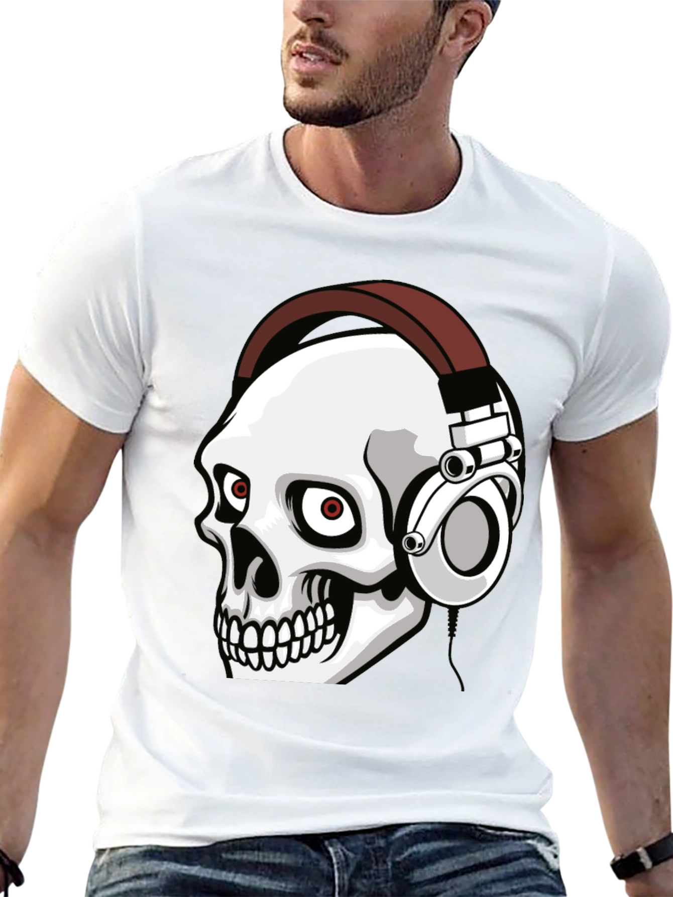 Skull Wearing Headphones Graphic Tee - Black