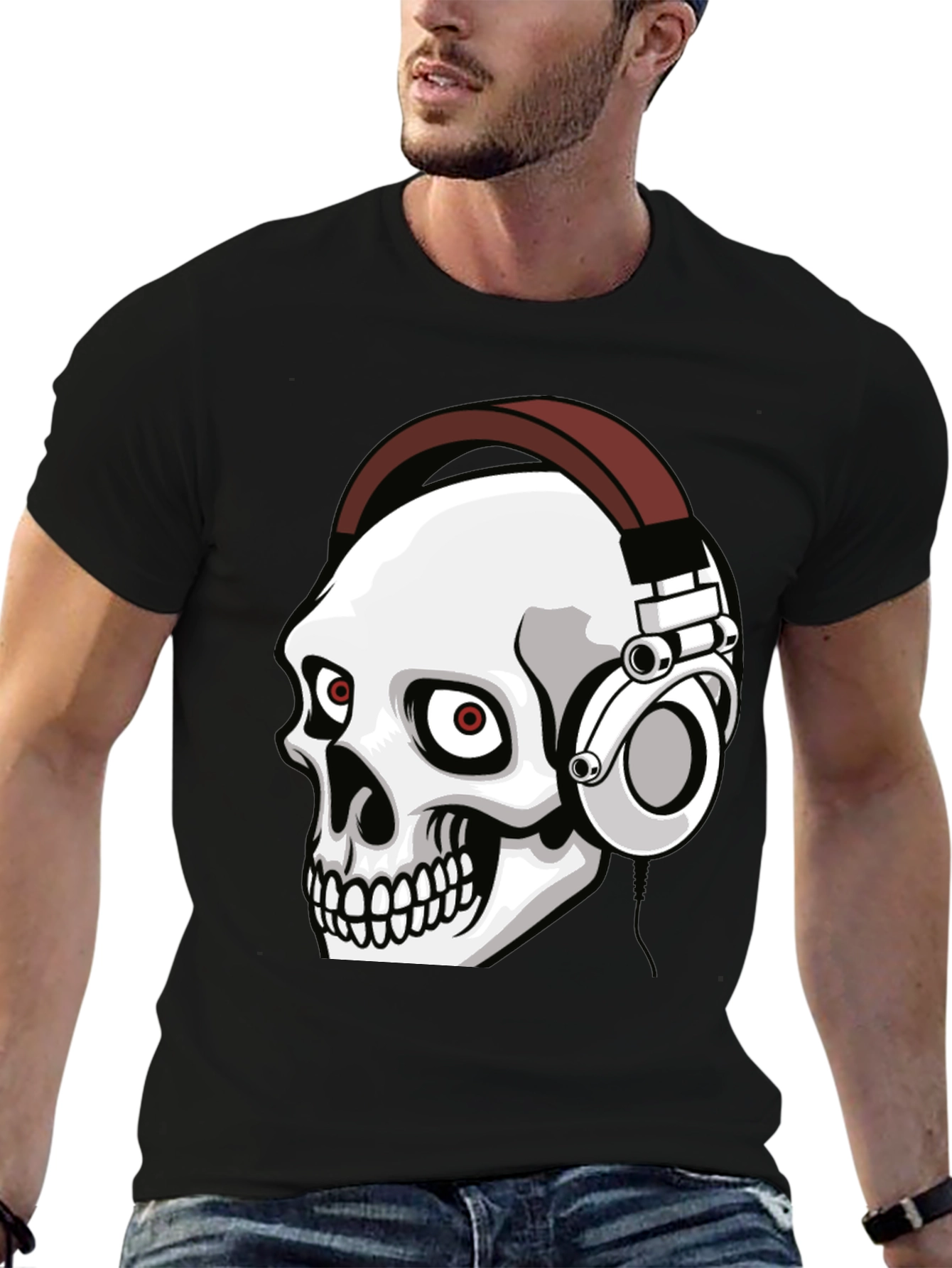Skull Wearing Headphones Graphic Tee - Black