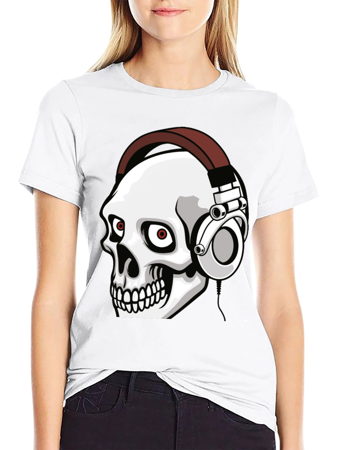 Skull Wearing Headphones Graphic Tee - Black
