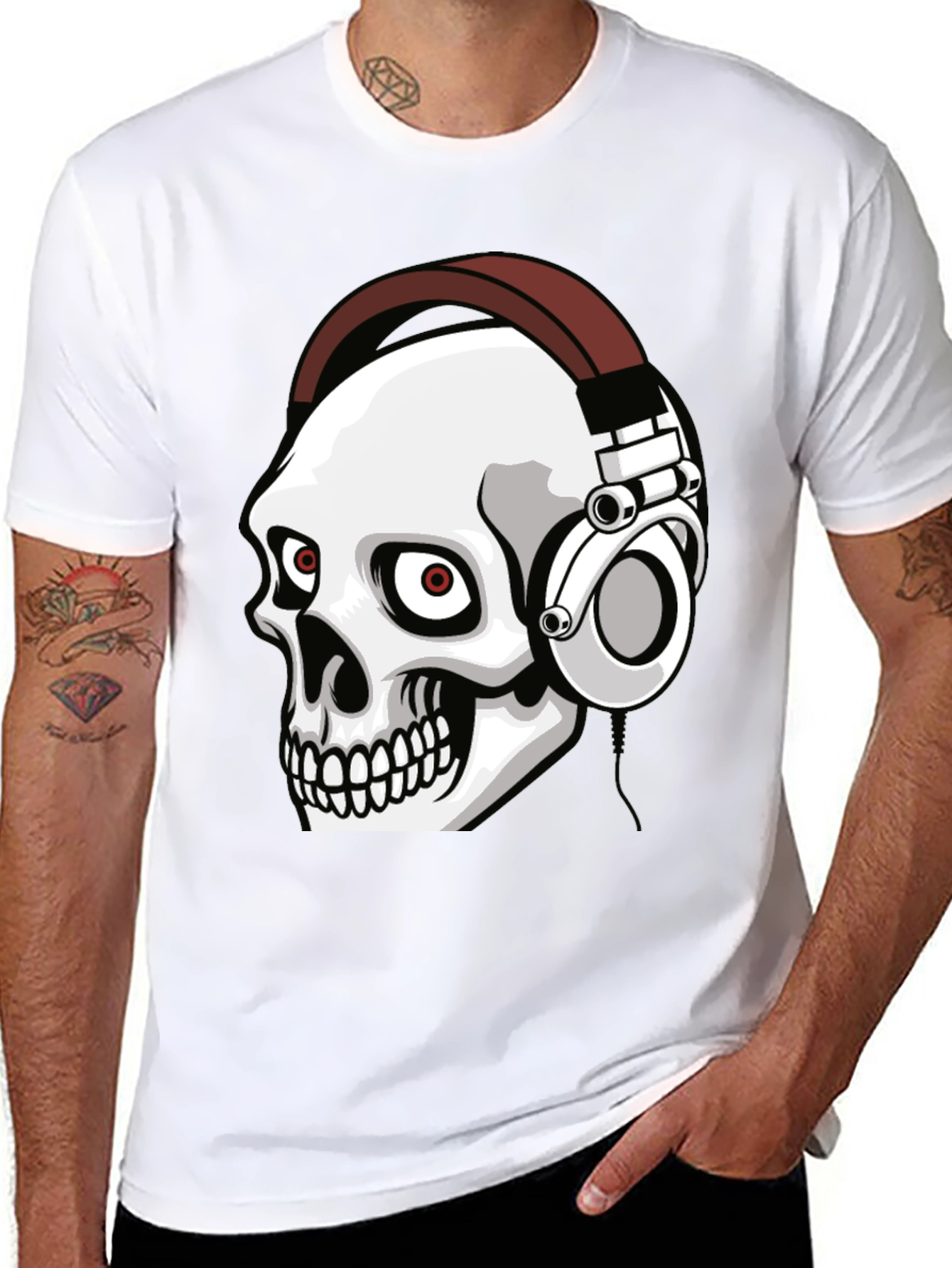 Skull Wearing Headphones Graphic Tee - Black