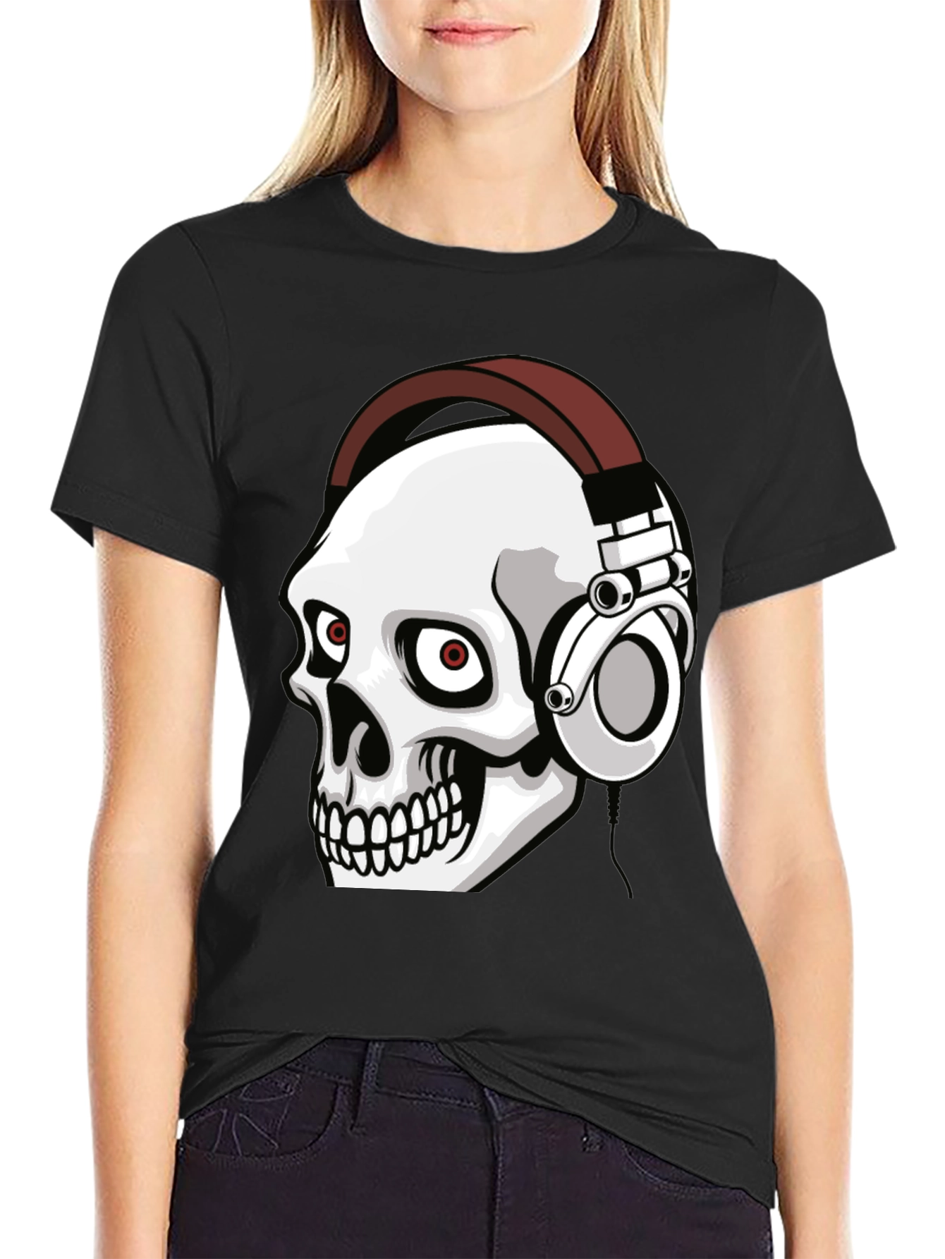 Skull Wearing Headphones Graphic Tee - Black