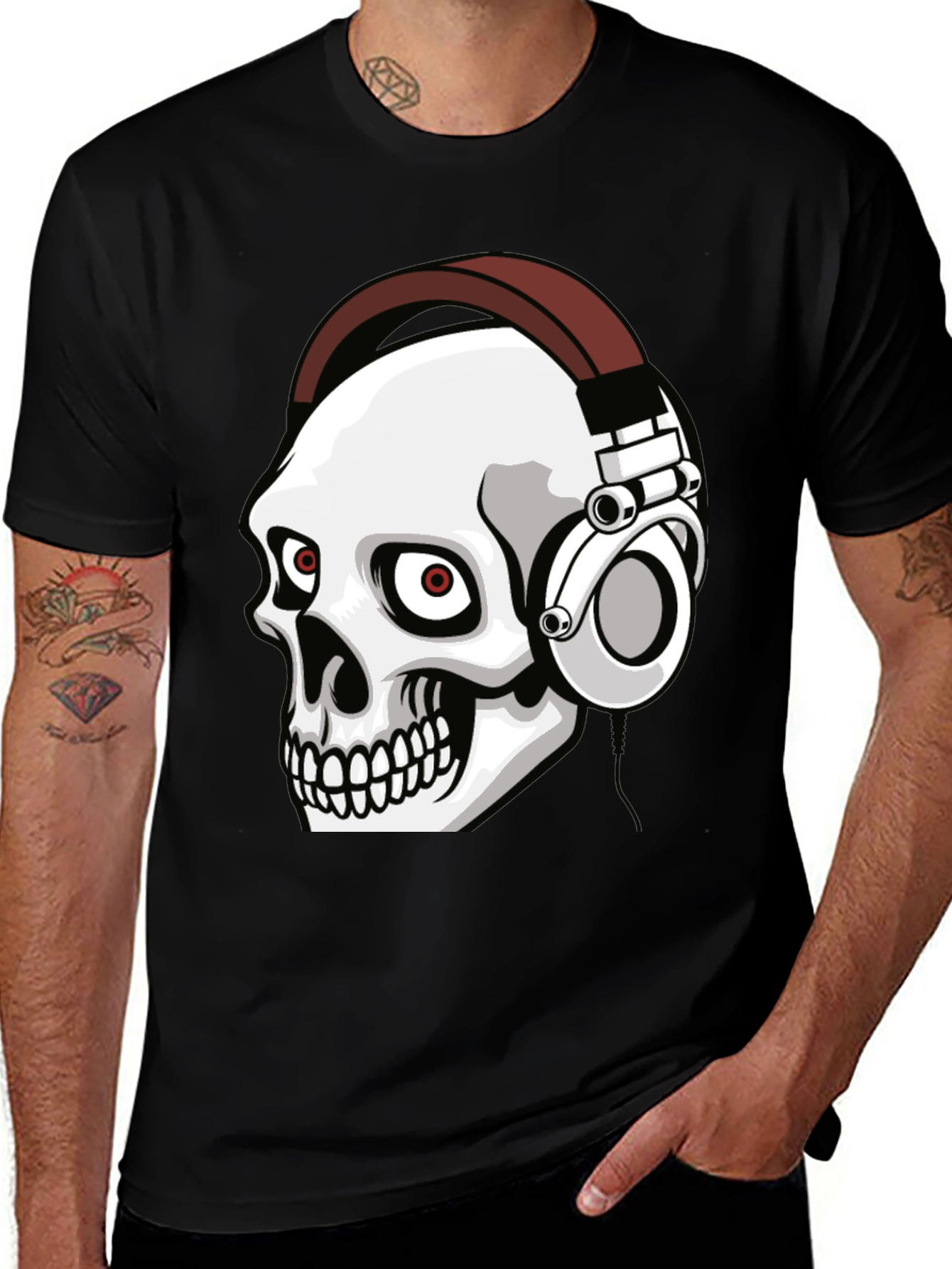 Skull Wearing Headphones Graphic Tee - Black