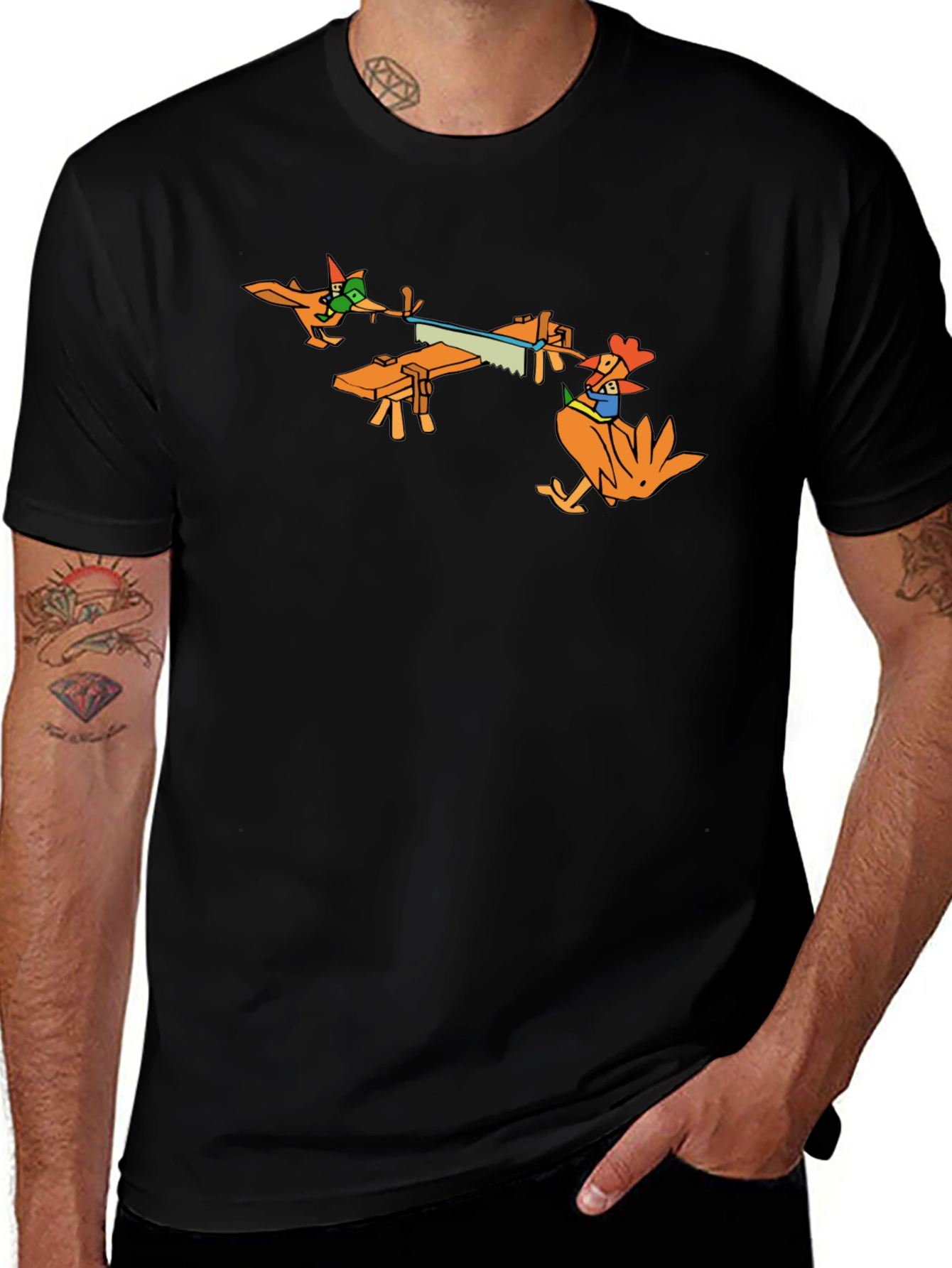 Funny Cartoon Chicken Sawing Wood T-Shirt
