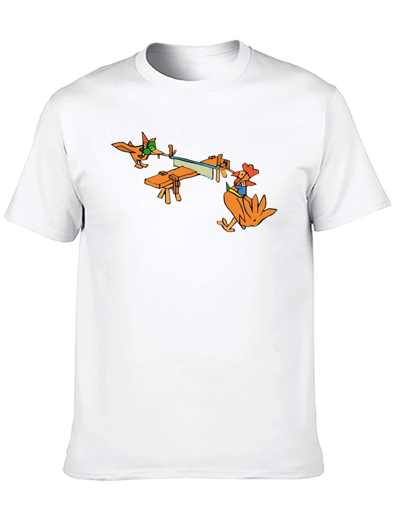 Funny Cartoon Chicken Sawing Wood T-Shirt