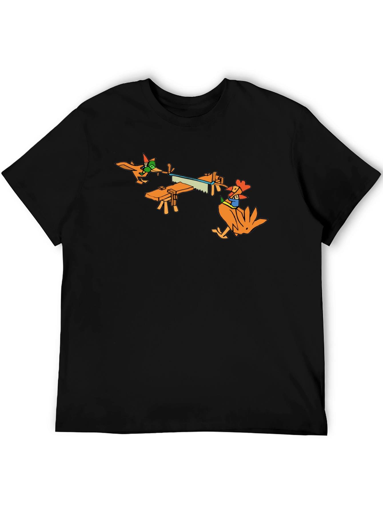 Funny Cartoon Chicken Sawing Wood T-Shirt