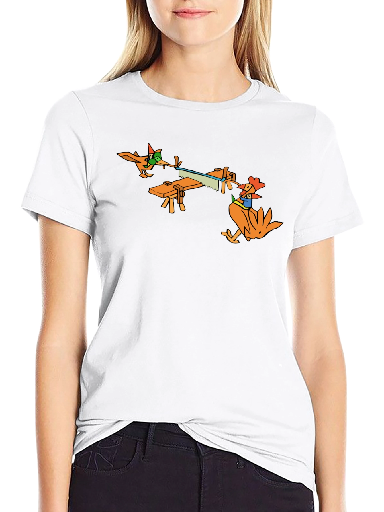 Funny Cartoon Chicken Sawing Wood T-Shirt