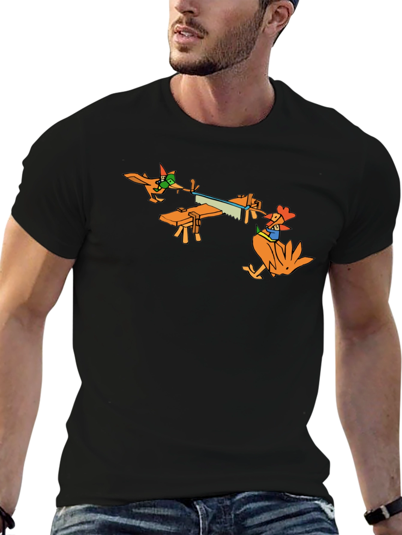 Funny Cartoon Chicken Sawing Wood T-Shirt
