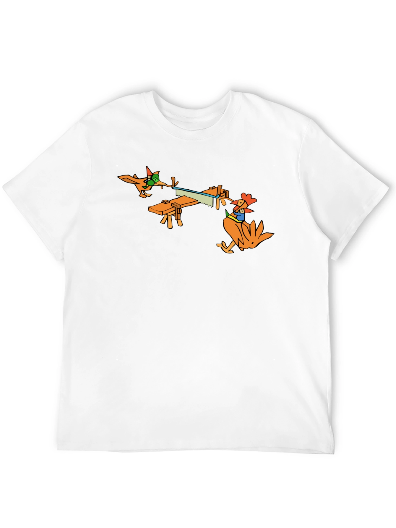 Funny Cartoon Chicken Sawing Wood T-Shirt