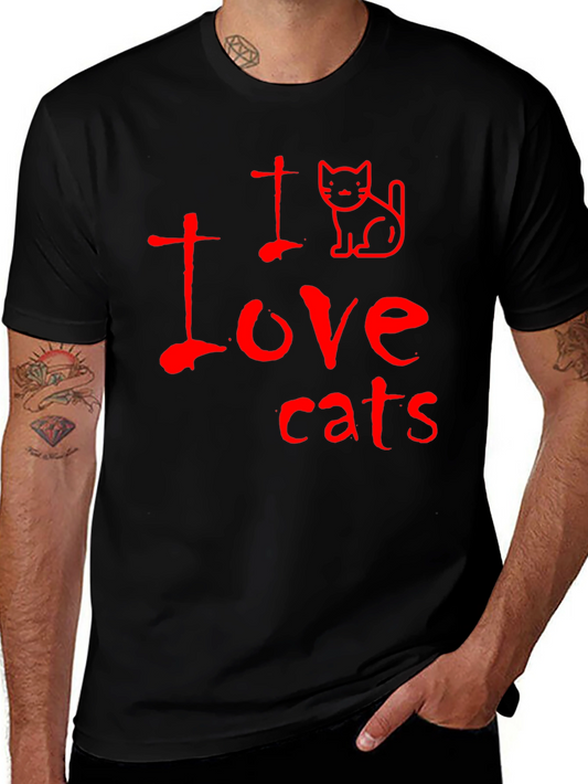 I Love Cats T-Shirt - Red Graphic Print on Black Cotton