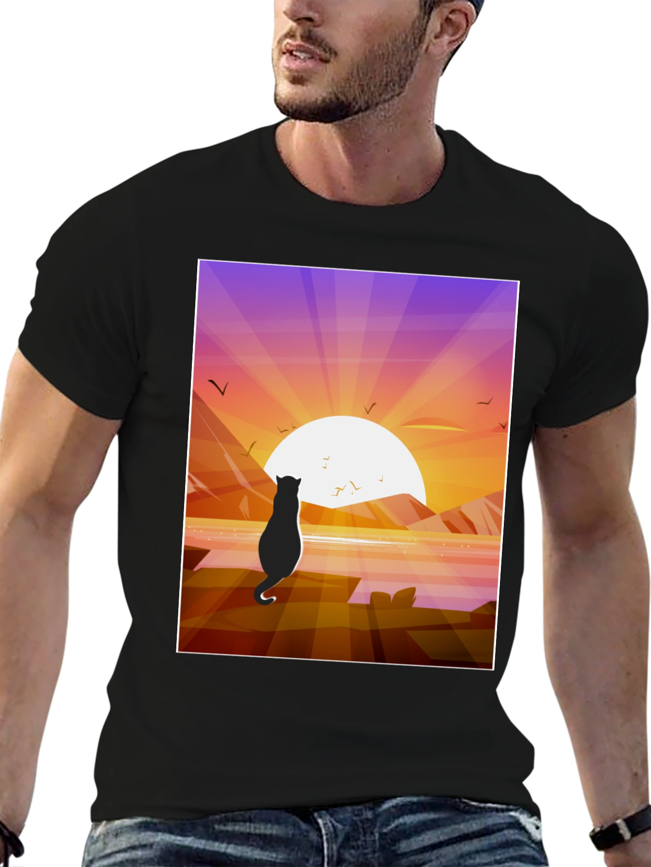 Sunset Cat Graphic Tee - Stylish Cotton Comfort