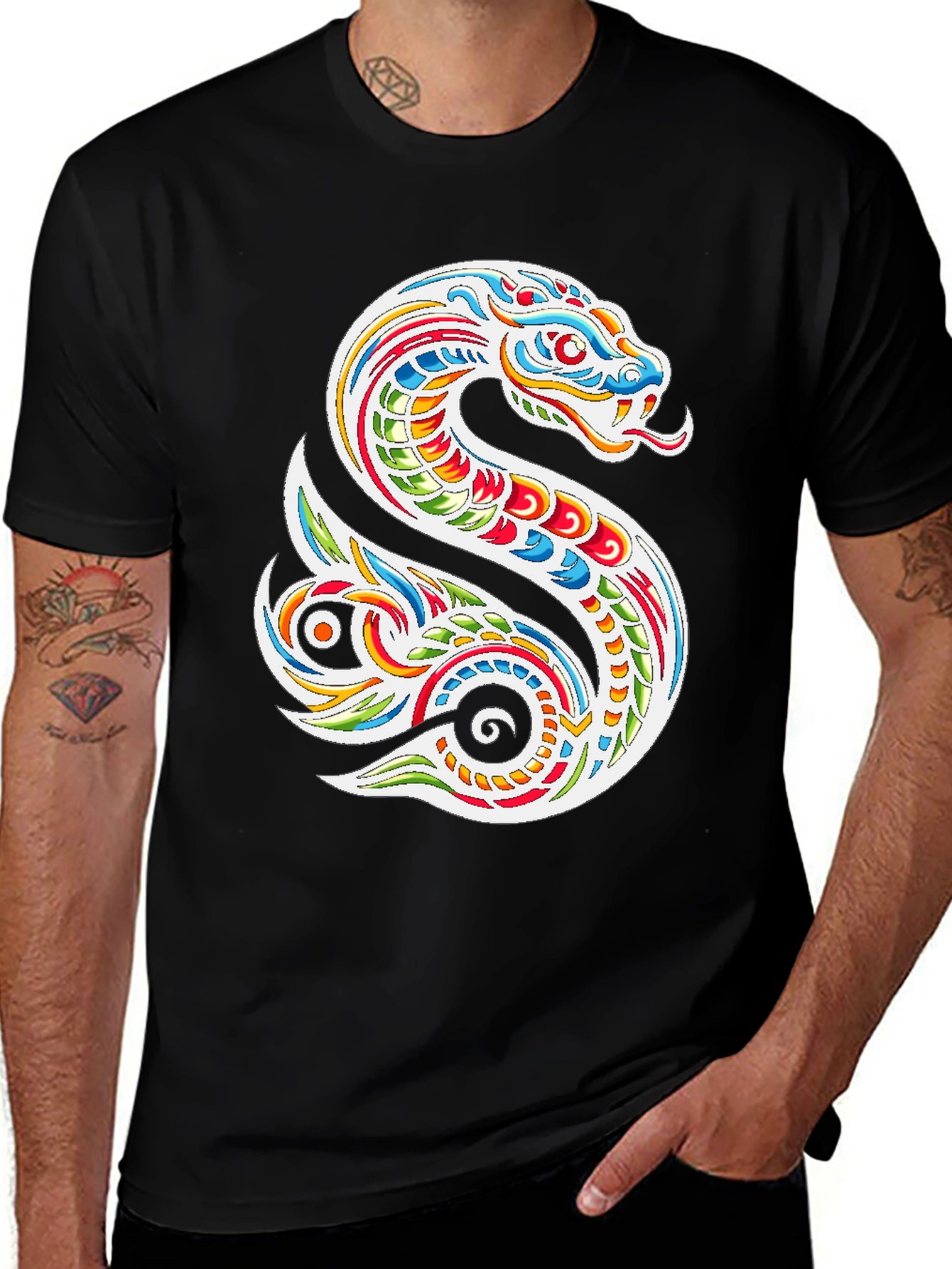 Vibrant Snake Graphic Tee - Mens Black T-Shirt