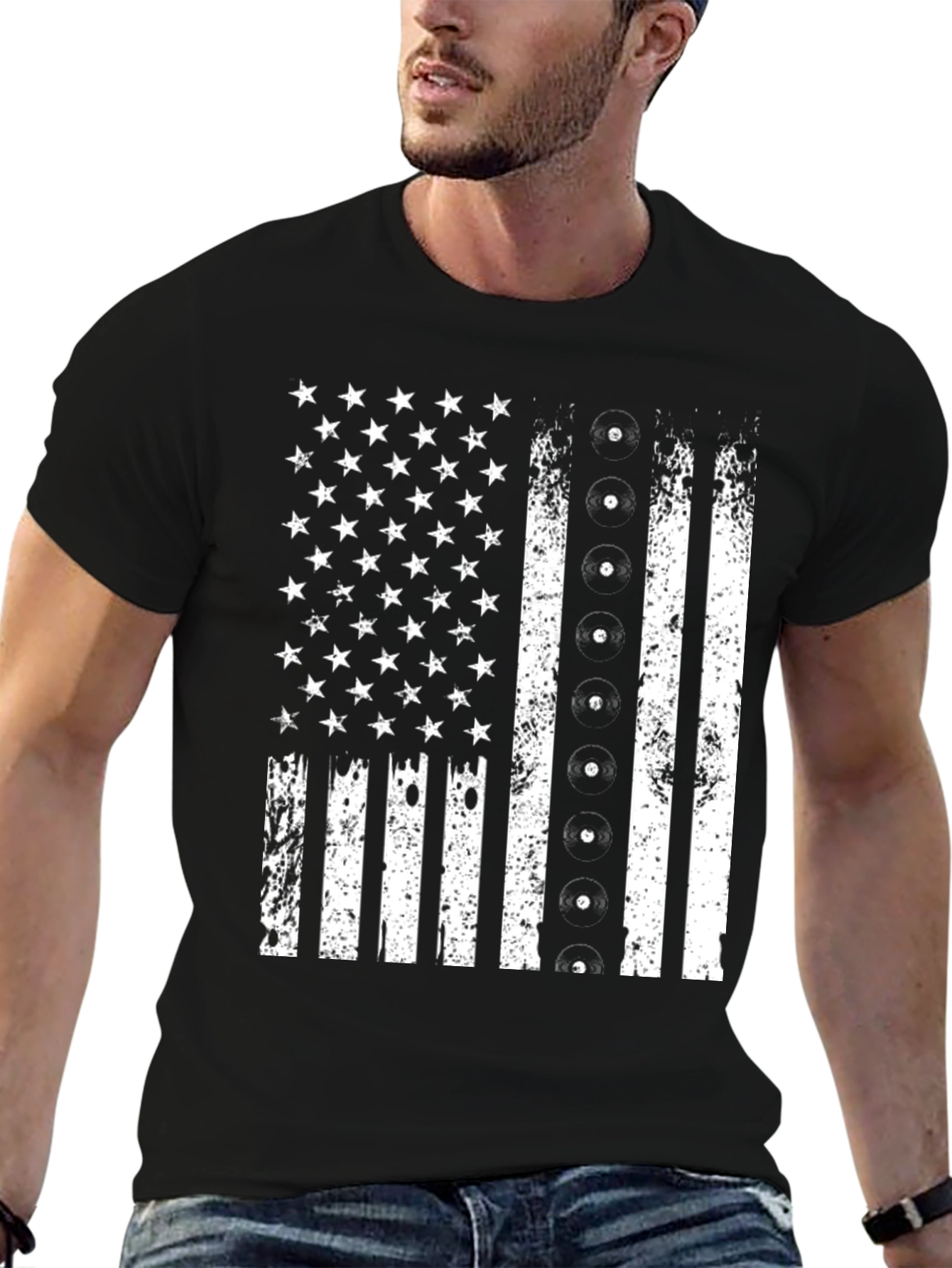 Distressed American Flag Record Player T-Shirt