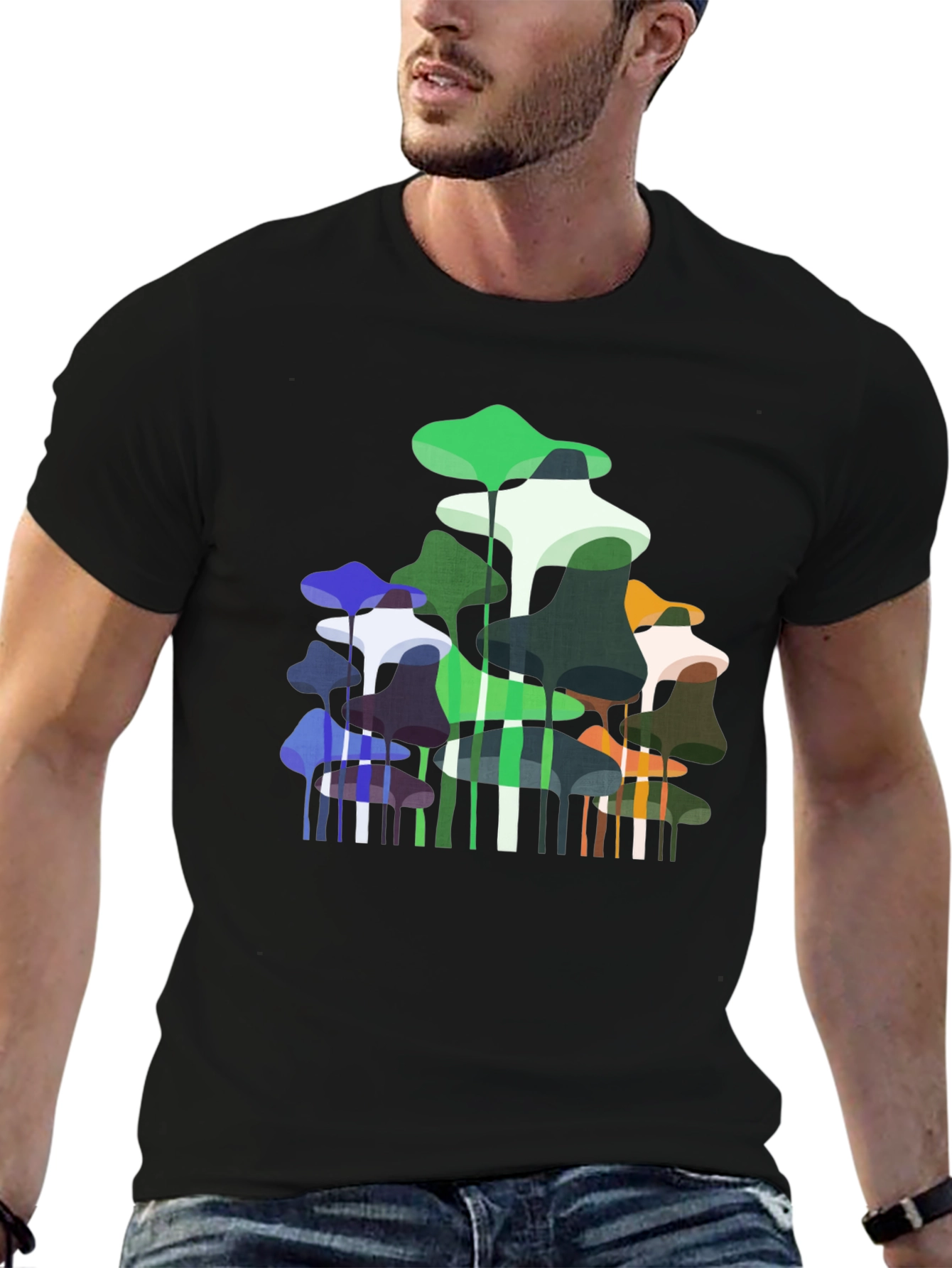 Abstract Mushroom Print Black T-Shirt