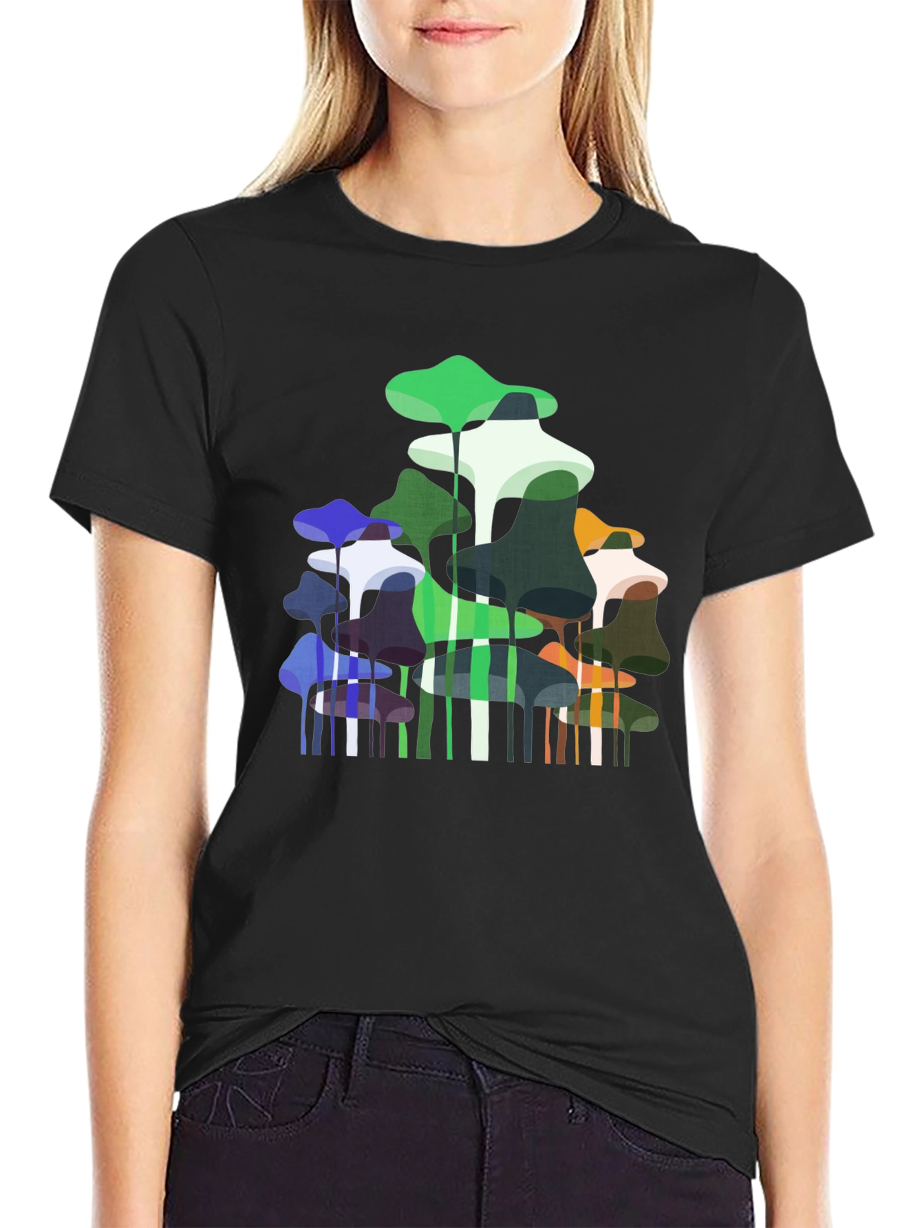 Abstract Mushroom Print Black T-Shirt