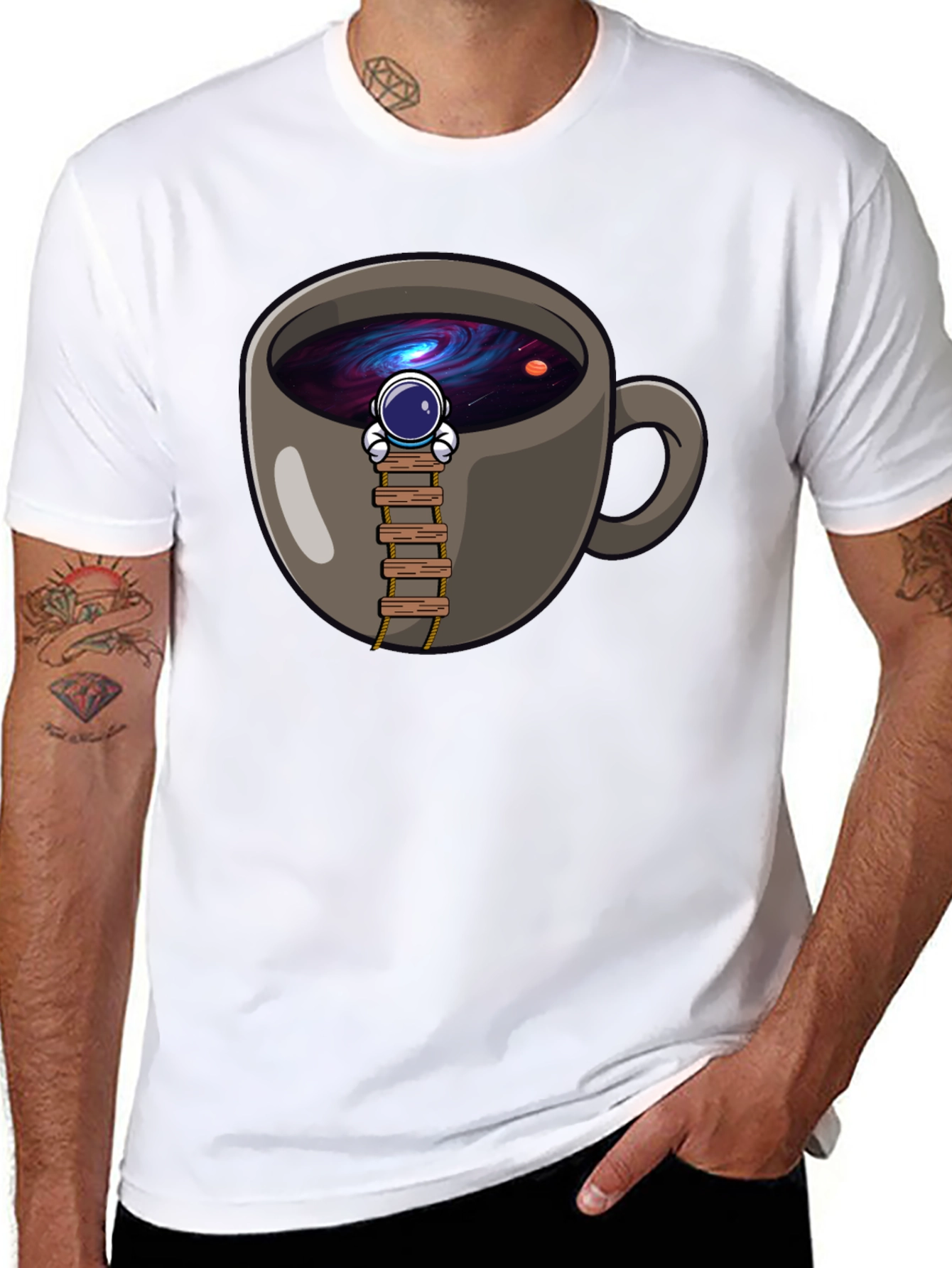 Coffee Cup Astronaut Graphic T-Shirt - Space Lover Tee