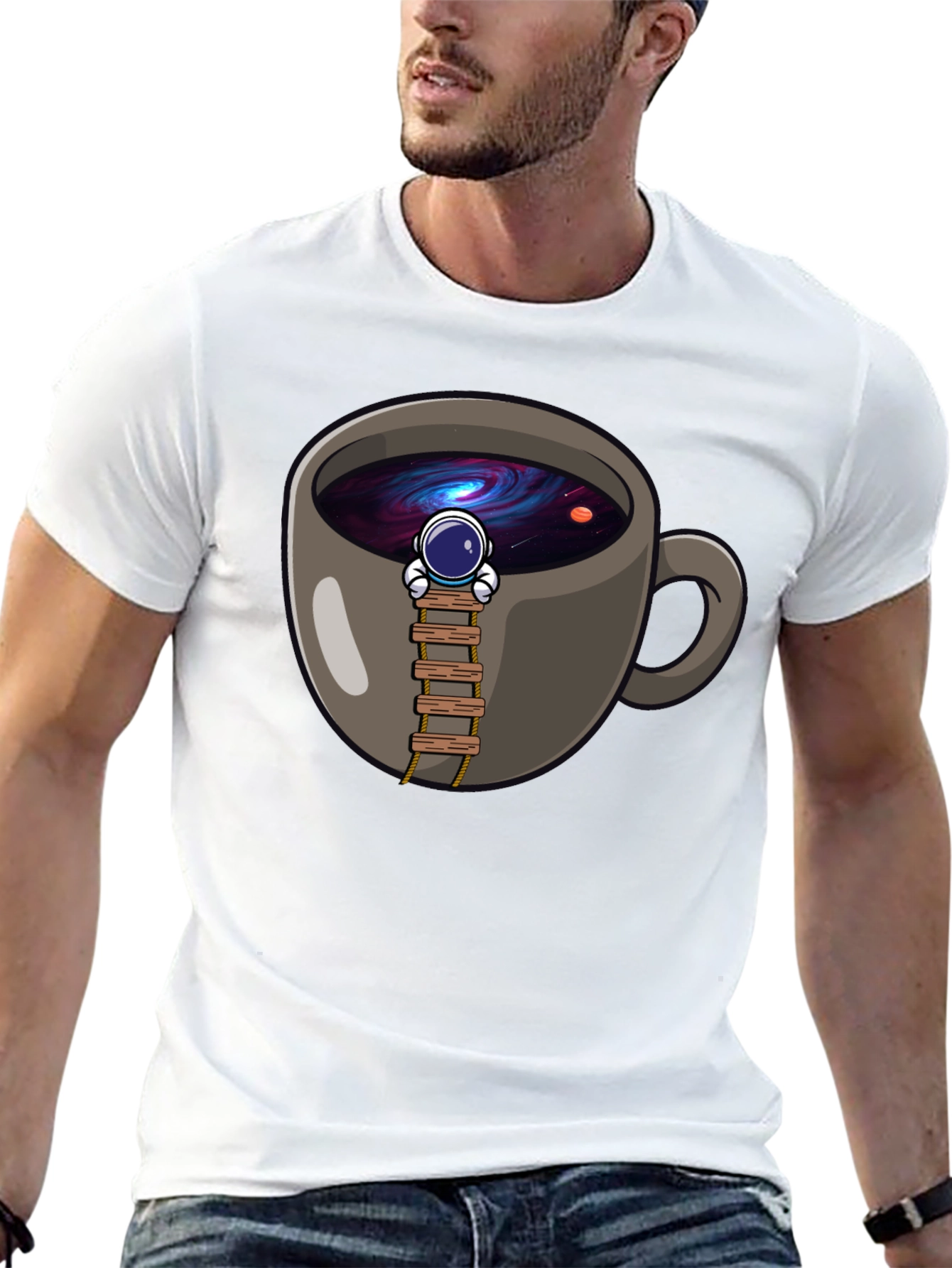 Coffee Cup Astronaut Graphic T-Shirt - Space Lover Tee