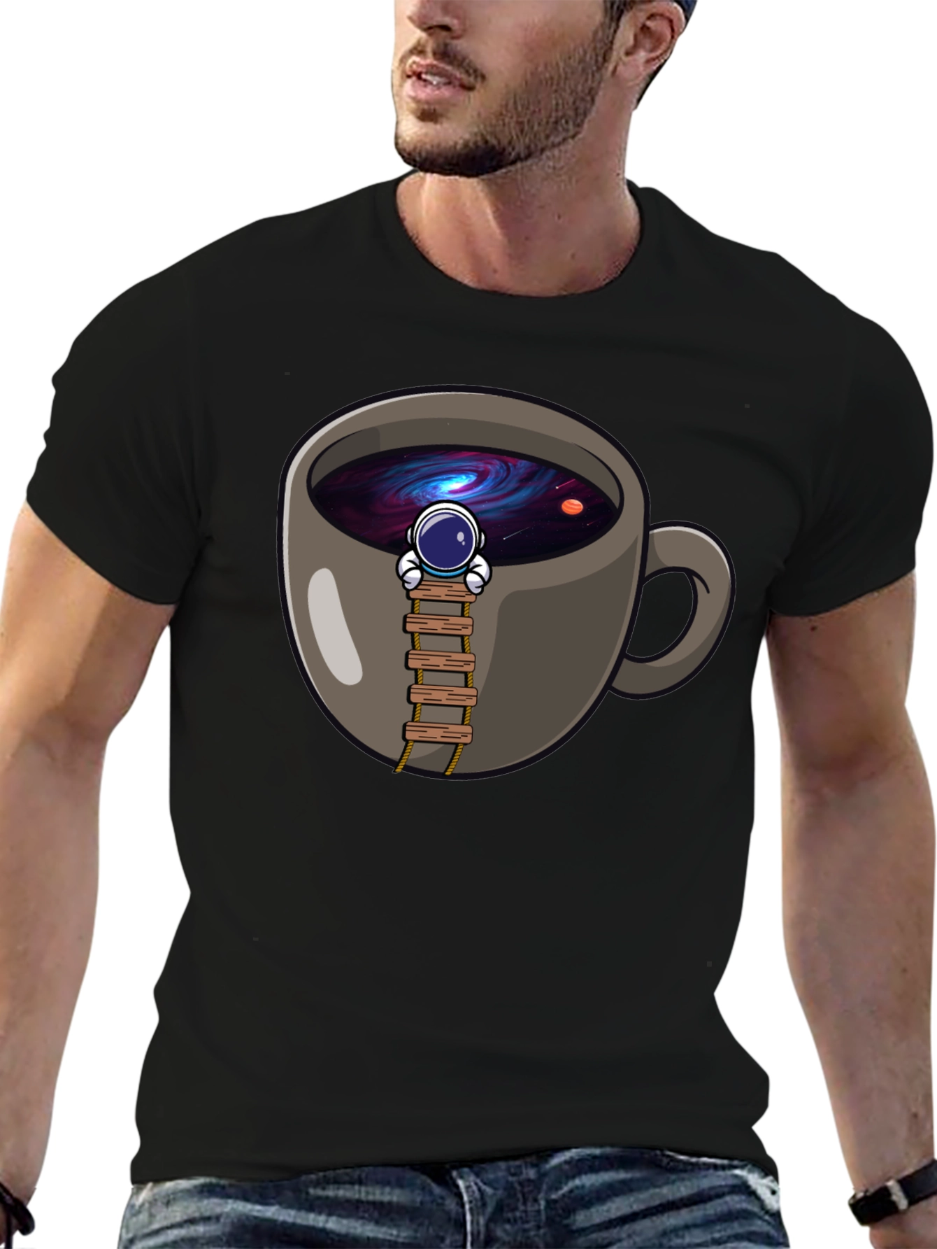 Coffee Cup Astronaut Graphic T-Shirt - Space Lover Tee