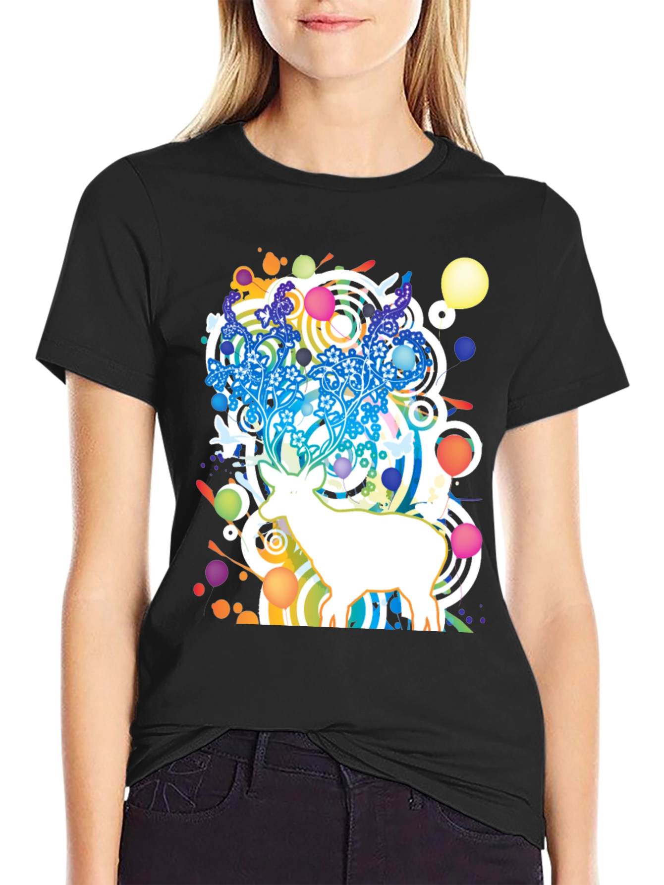 Abstract Deer Graphic Black T-Shirt