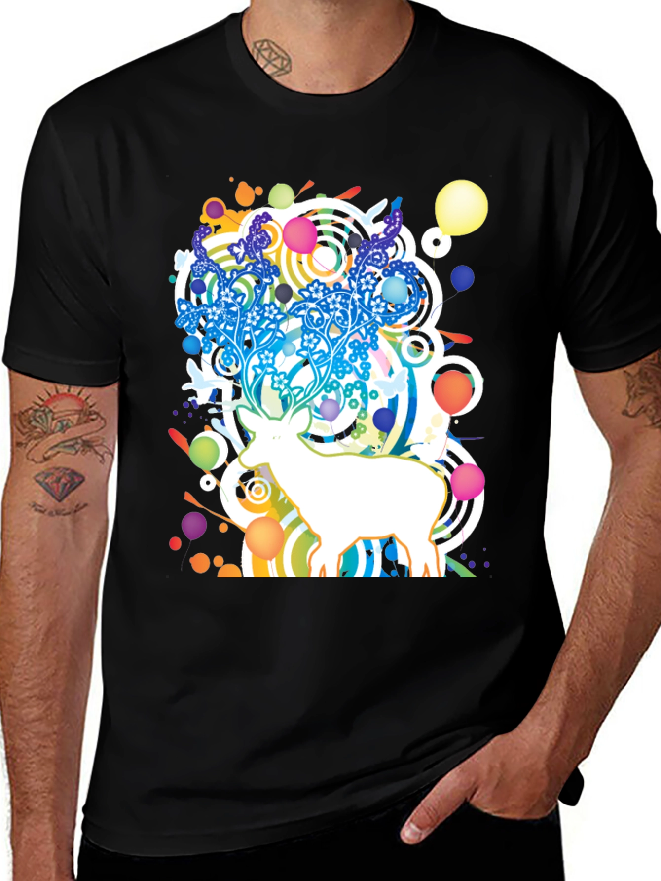 Abstract Deer Graphic Black T-Shirt