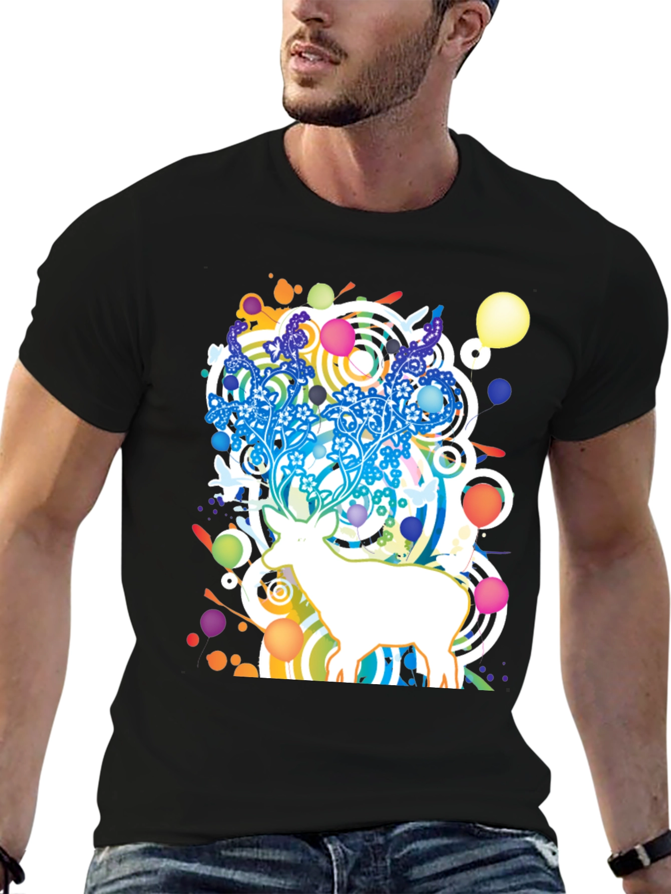 Abstract Deer Graphic Black T-Shirt