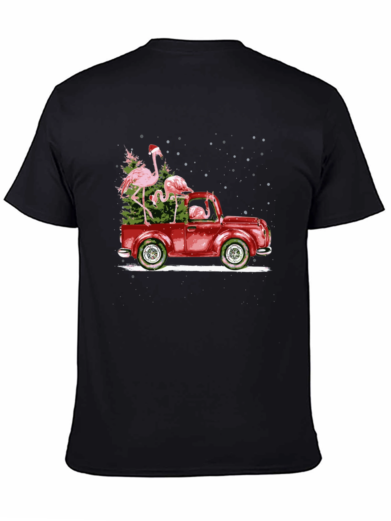 Flamingo Christmas Truck Black T-Shirt