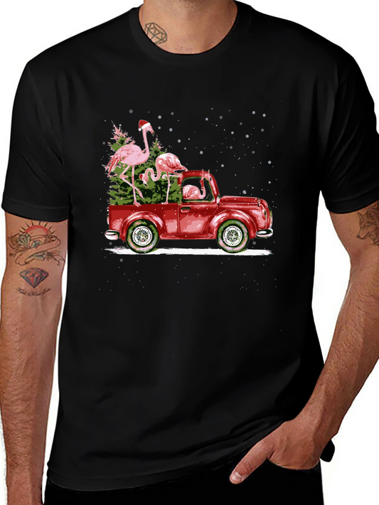 Flamingo Christmas Truck Black T-Shirt