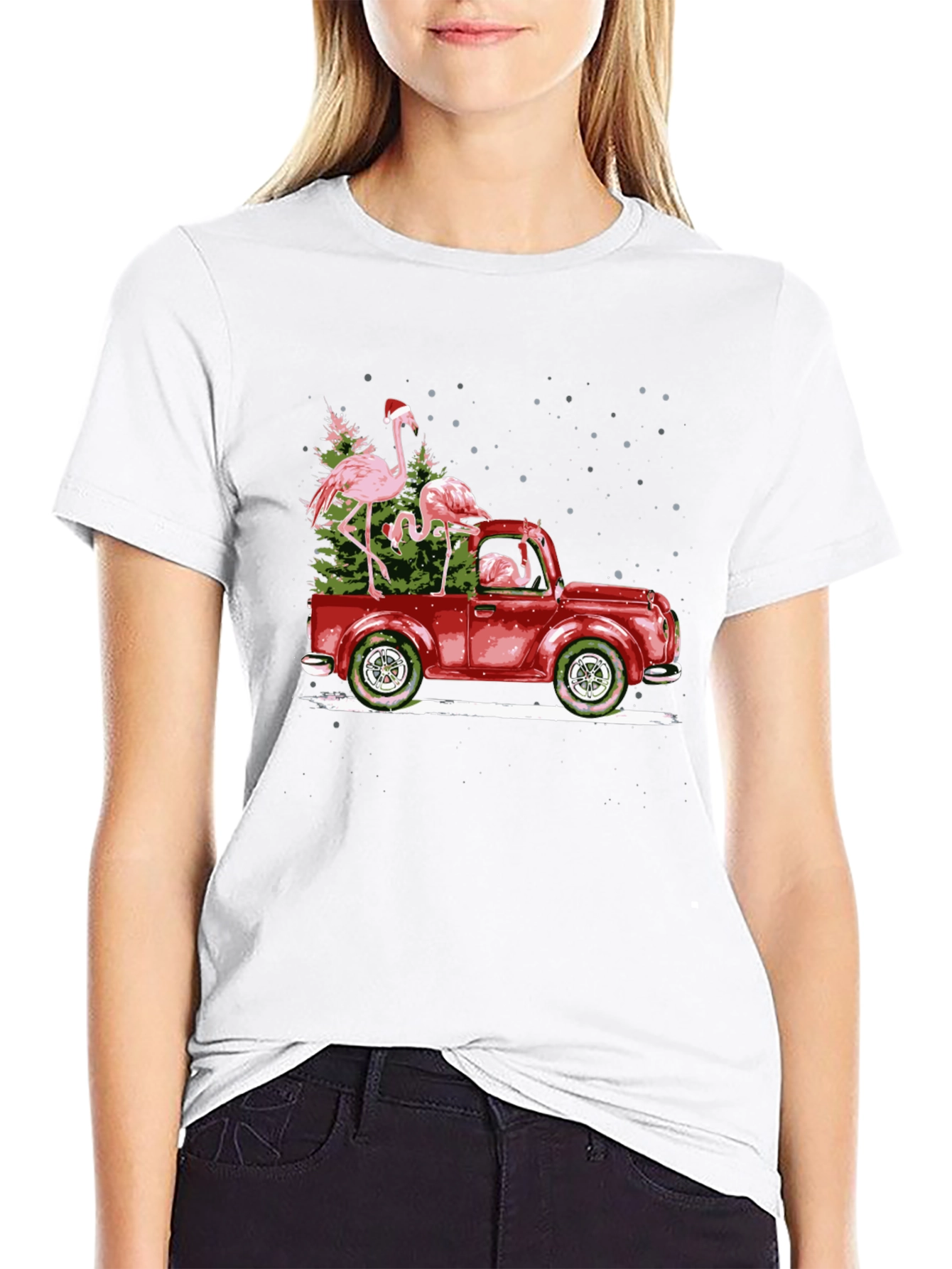 Flamingo Christmas Truck Black T-Shirt
