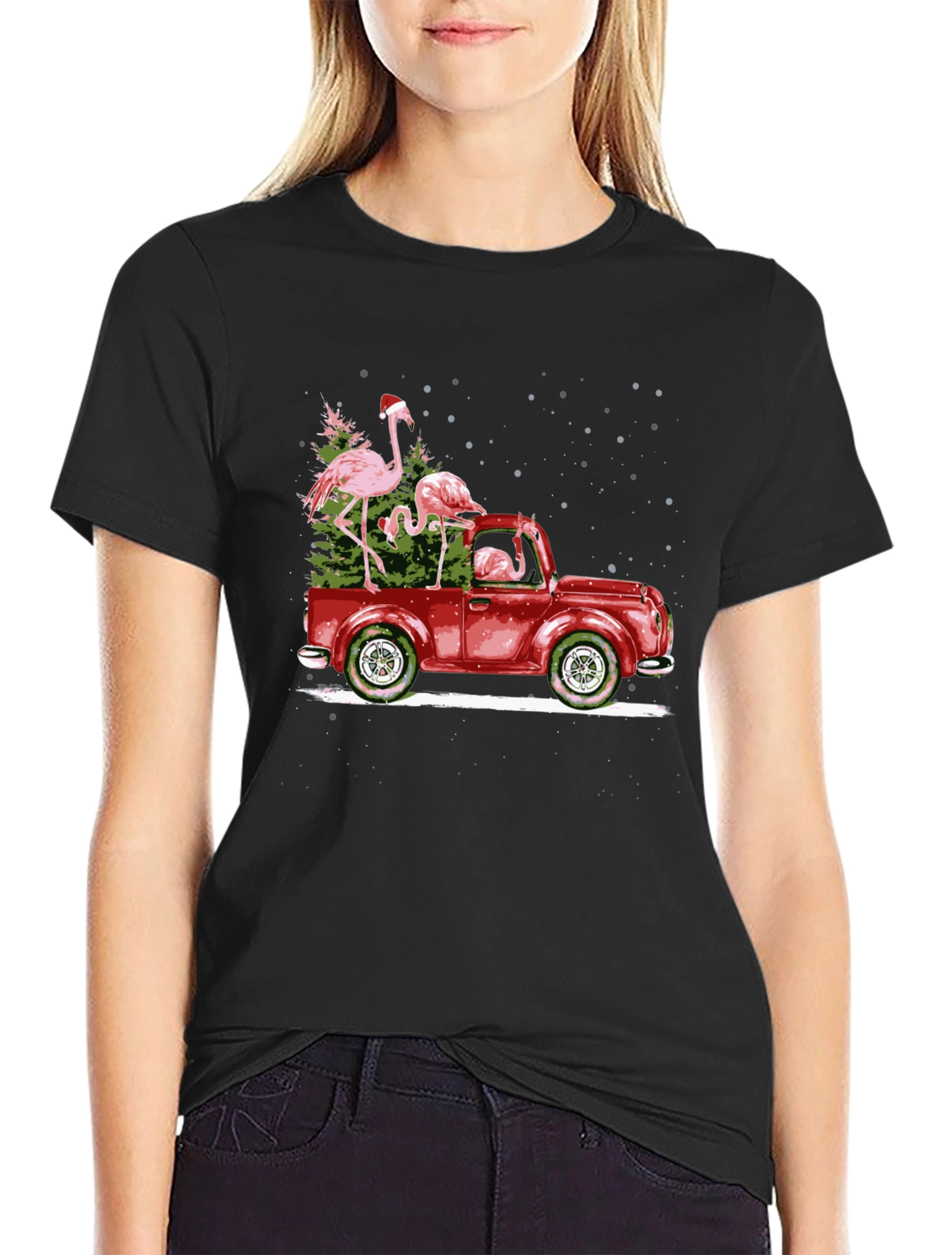 Flamingo Christmas Truck Black T-Shirt