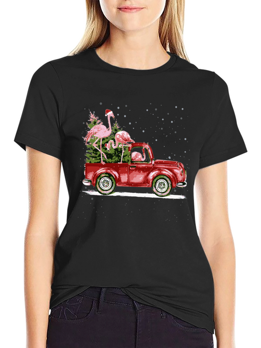 Flamingo Christmas Truck Black T-Shirt