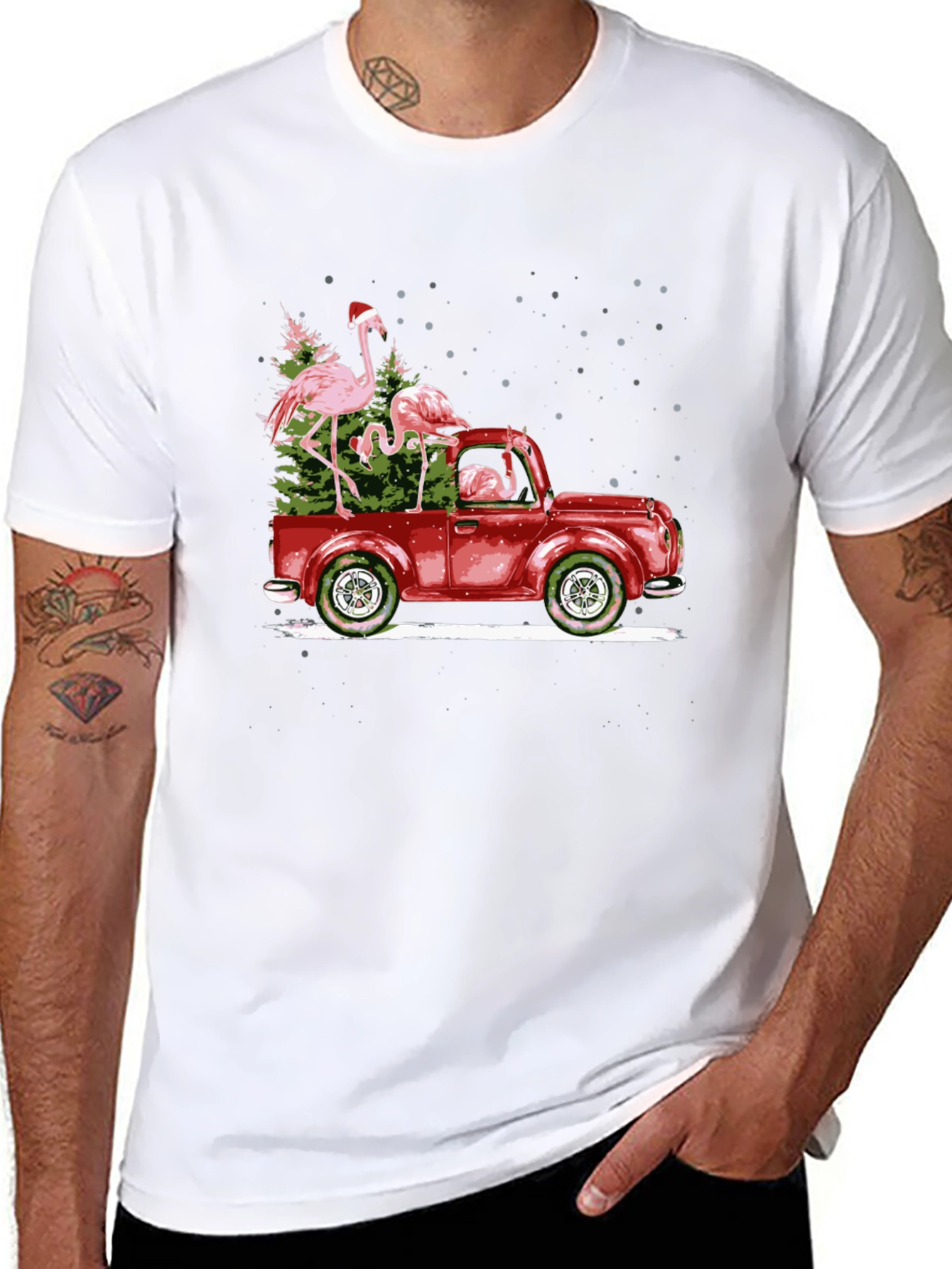 Flamingo Christmas Truck Black T-Shirt