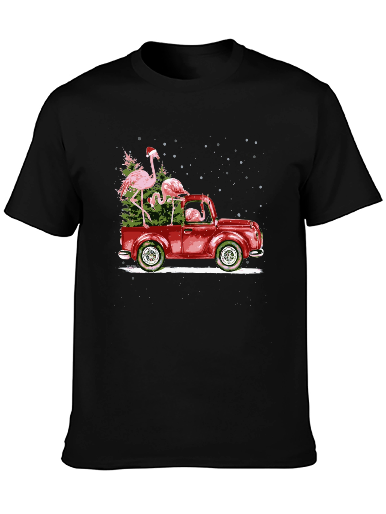 Flamingo Christmas Truck Black T-Shirt