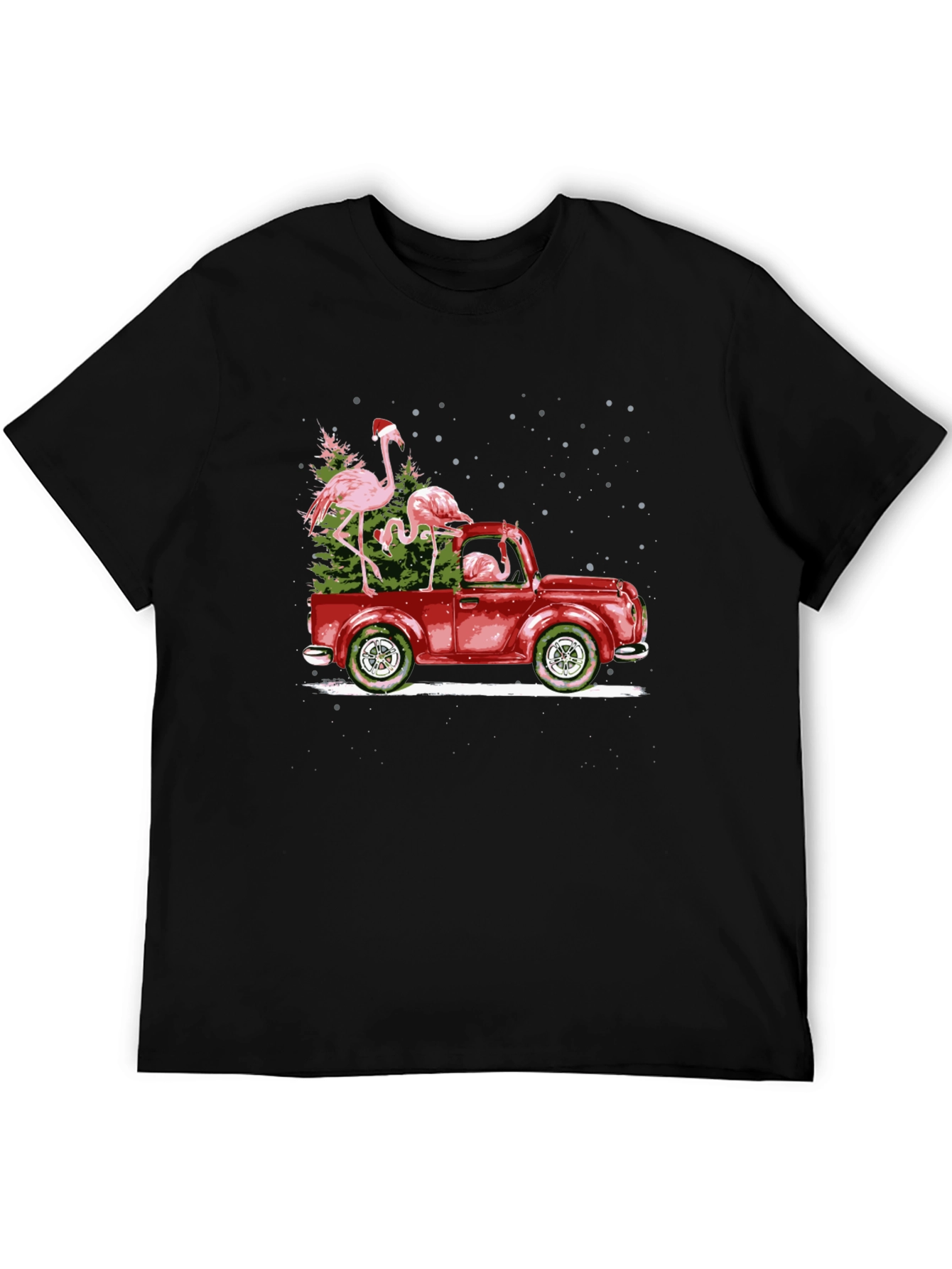 Flamingo Christmas Truck Black T-Shirt