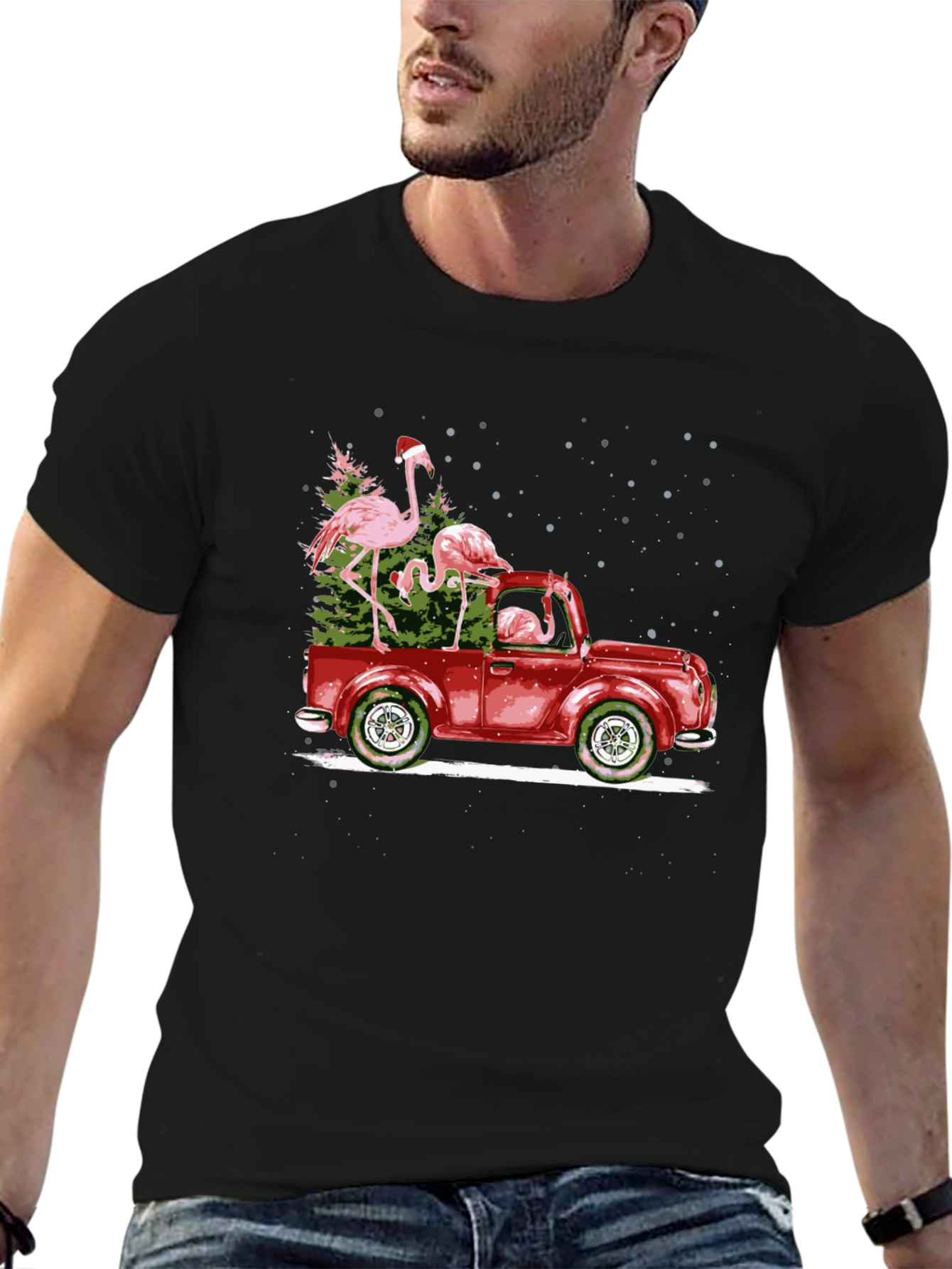 Flamingo Christmas Truck Black T-Shirt