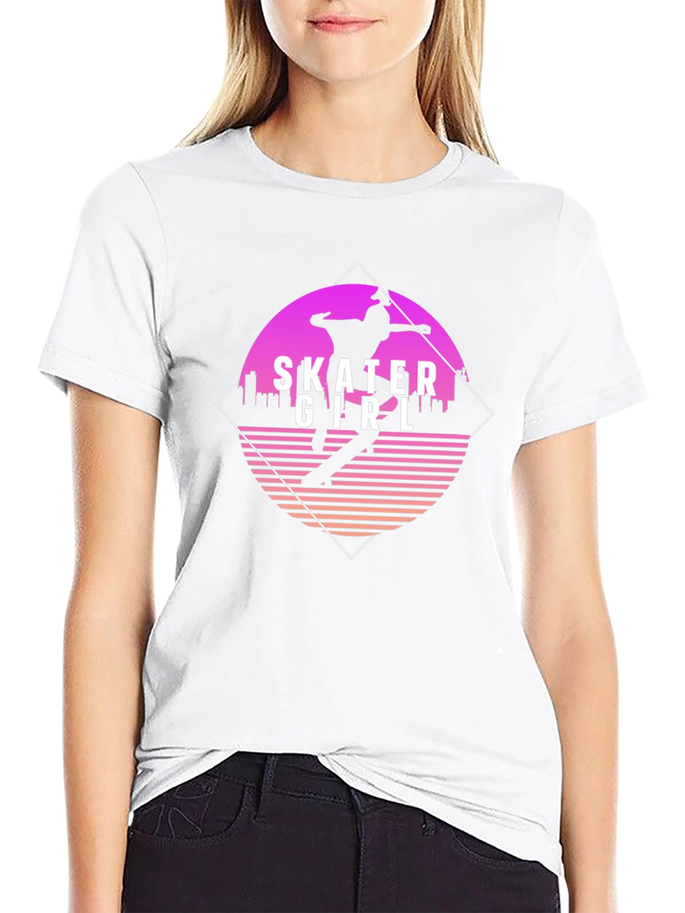 Skater Girl Retro Style Black T-Shirt