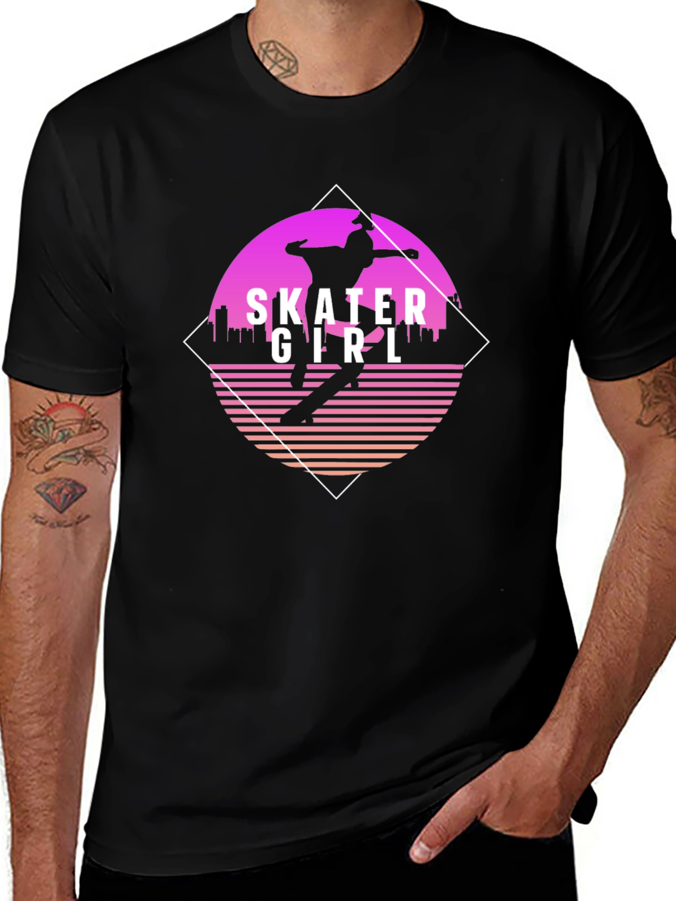Skater Girl Retro Style Black T-Shirt