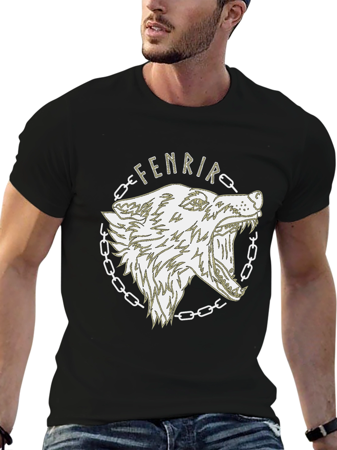 Fenrir Wolf Graphic Print Black T-Shirt