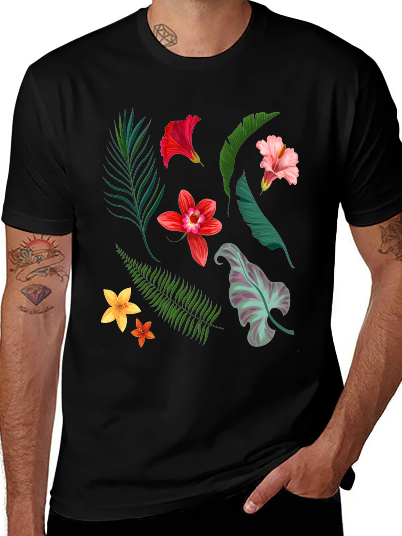 Tropical Floral Print Black T-Shirt