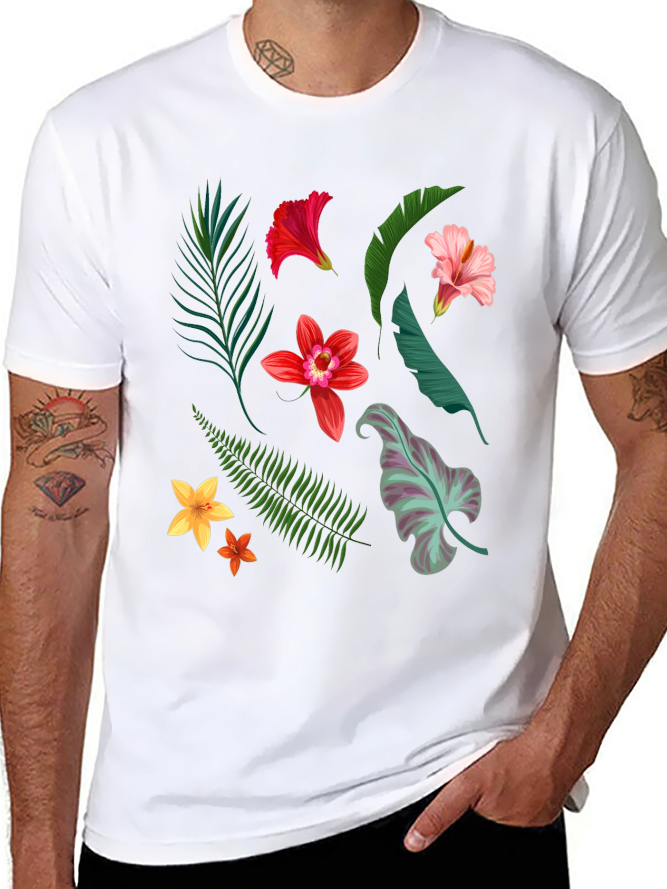Tropical Floral Print Black T-Shirt