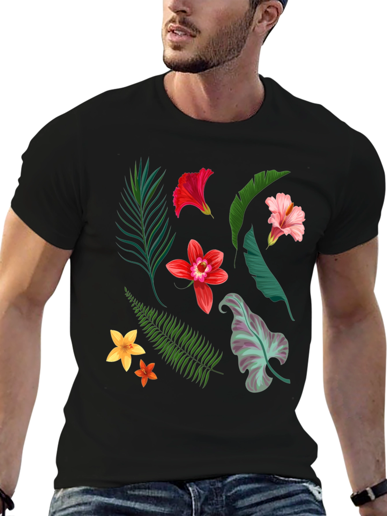 Tropical Floral Print Black T-Shirt