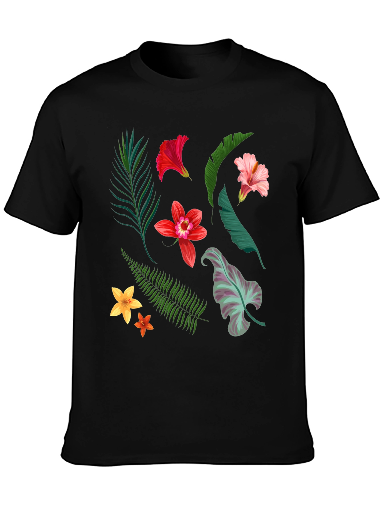 Tropical Floral Print Black T-Shirt