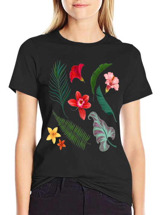 Tropical Floral Print Black T-Shirt