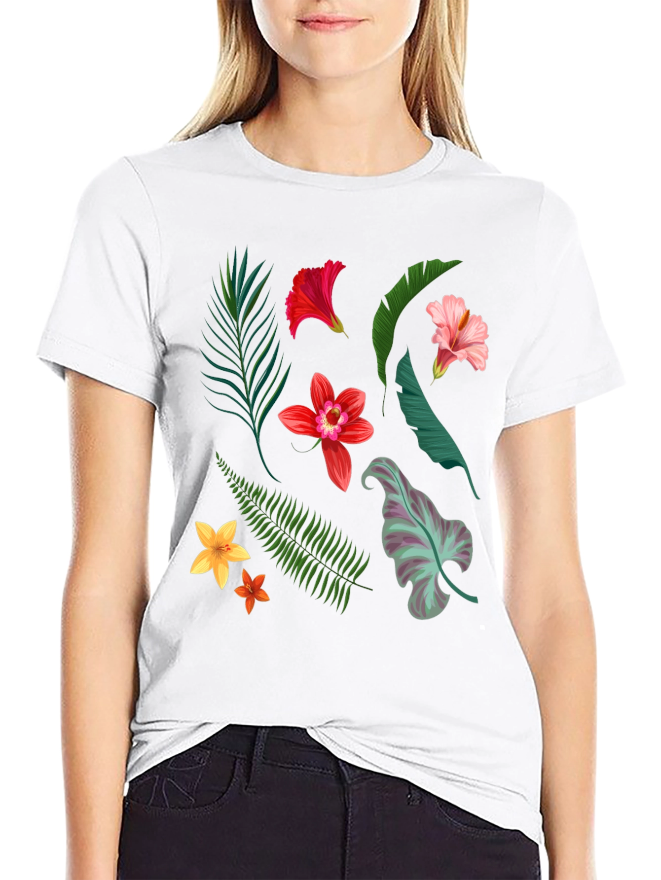 Tropical Floral Print Black T-Shirt