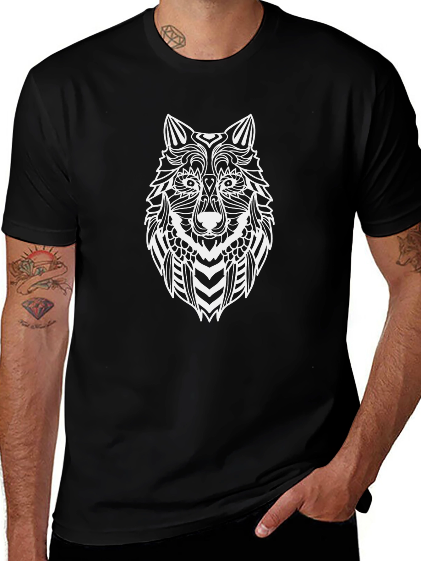 Mens Black T-Shirt with Wolf Graphic