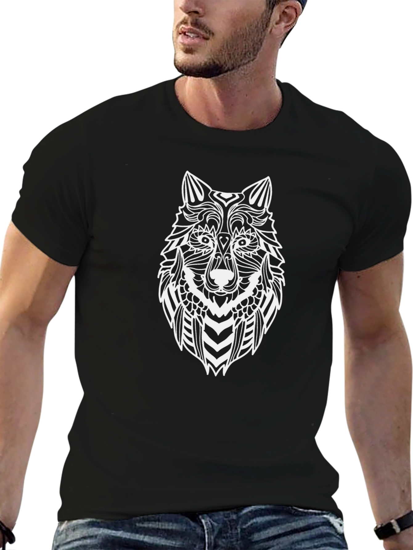 Mens Black T-Shirt with Wolf Graphic